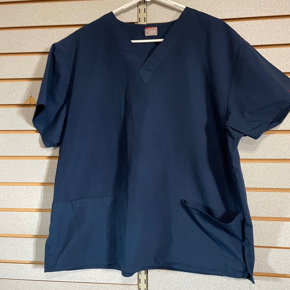 Dickies Scrub Top Navy Blue Short Sleeve‎ V Neck Pockets Workwear Size L